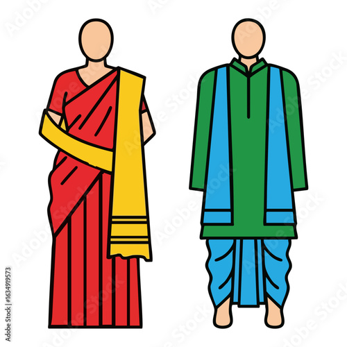 Assamese Mekhela Sador Dhoti Kurta Gamosa Couple Vector - Northeast India Cultural Logo