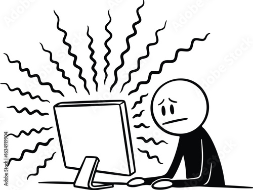 Stick Figure Stressed By Computer Screen With Wavy Lines technology work