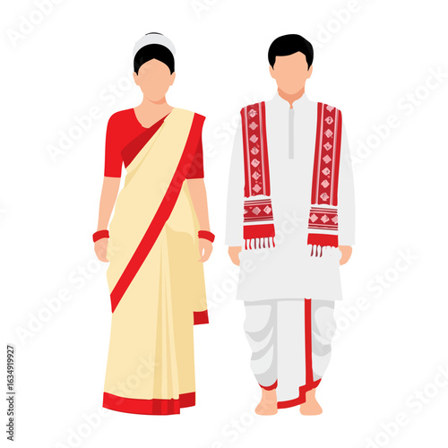 Assamese Mekhela Sador Dhoti Kurta Gamosa Couple Vector - Northeast India Cultural Logo