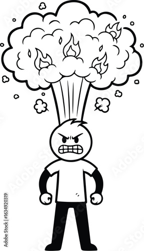 Stick figure with explosion of fire and smoke above head anger rage