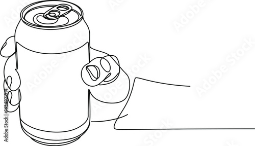 Continuous line art hand holding soda can drink beverage design