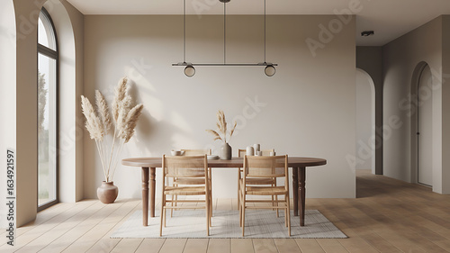 Warm, minimalist dining room with natural light and wood accents.
