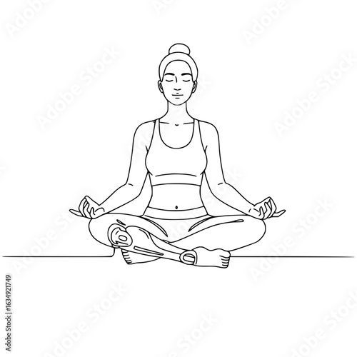 Woman with prosthetic leg meditating in yoga pose with calm expression in line drawing style, isolated vector image on transparent background
 