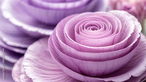 Close-up of delicate, layered, purple roses.
