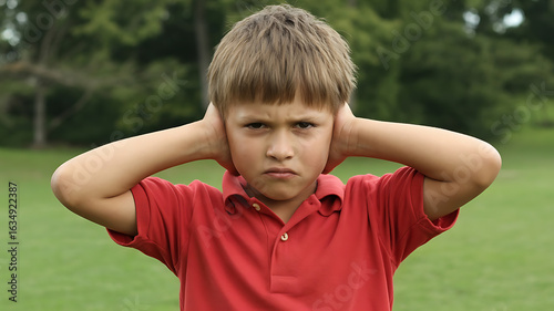 Boy covers ears, expressing displeasure or discomfort.
