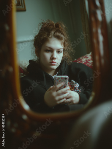 A teenaged girl or young woman looks into a mirror, appearing unhappy and scrolling social media on her phone, vertical portrait format 