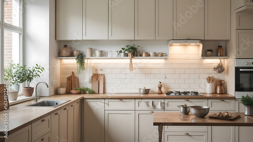 Modern, light-filled kitchen with warm tones and wood accents.