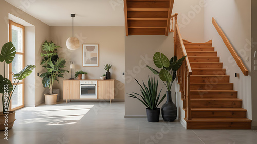 Light-filled home interior with wooden stairs and plants.
