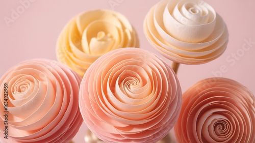 Delicate paper roses in pastel shades of peach and cream.
