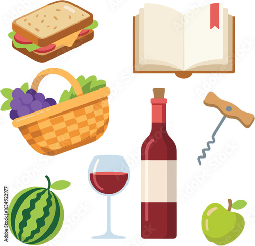 Flat illustration of picnic items including sandwich grapes wine bottle and book wine glass