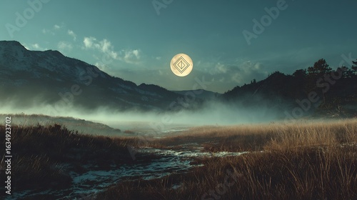 Mystical mountain valley enveloped in fog with a celestial geometric symbol, a unique scenic