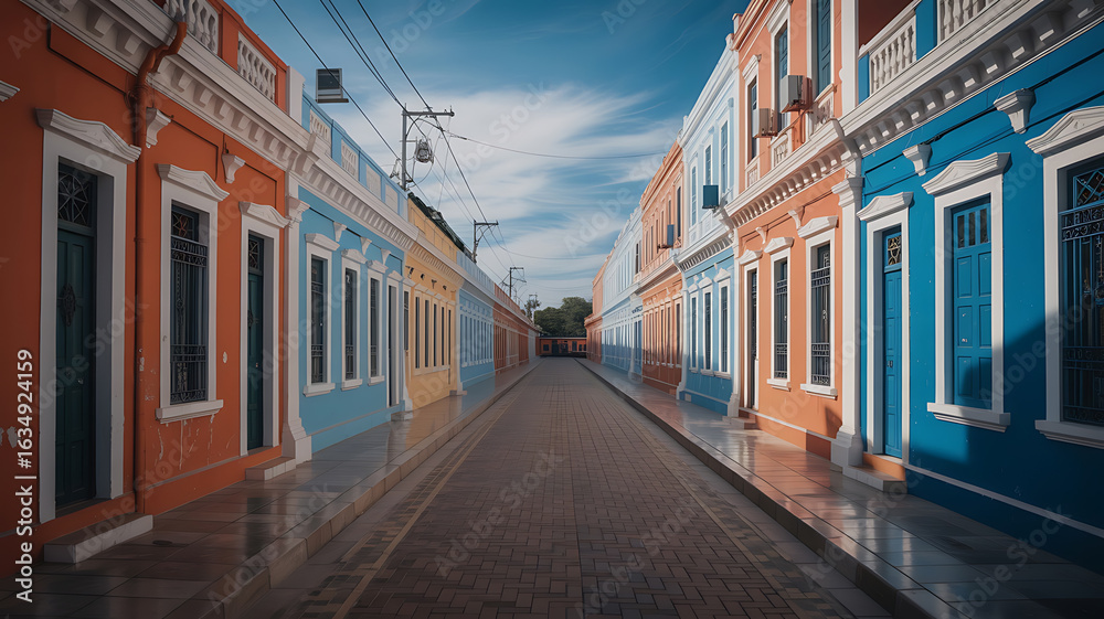 Fototapeta premium Colorful buildings line a narrow street. 