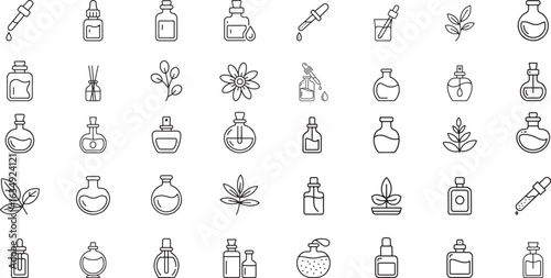 Collection of cosmetic and essential oil bottles and leaves Keywords: bottle, cosmetic, essential