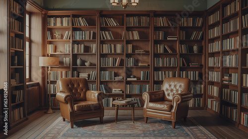 A library's warm interior, bookshelves filled, leather armchairs.
