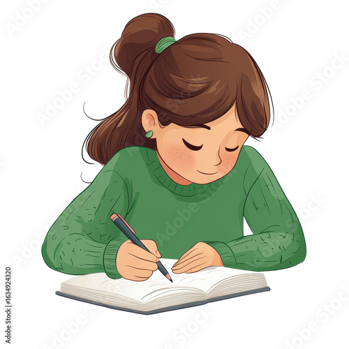 cartoon of a girl writing in a notebook while studying wearing a green sweater, Illustration of a girl wearing a green sweater, isolated on transparent background