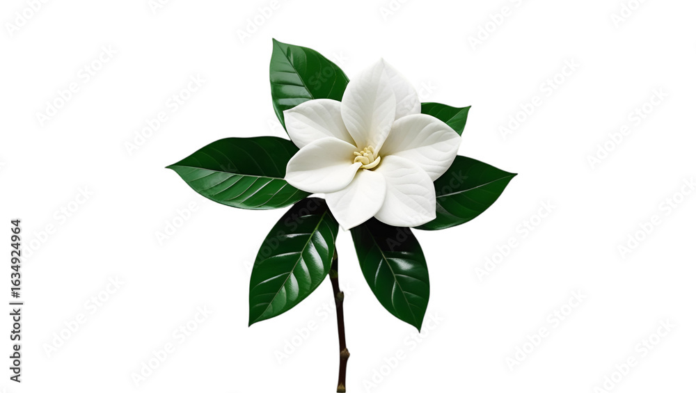 Fototapeta premium Single Gardenia with Green Leaves Isolated on White Background