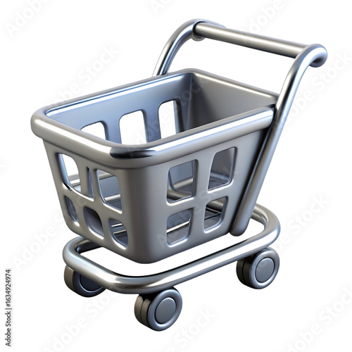 A metallic silver shopping cart icon rendered in 3D, a universal symbol for e-commerce, online stores, and digital checkout processes.