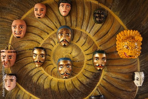 Traditional dance masks from Rabinal, Baja Verapaz, Guatemal for Rabinal Achi performance 