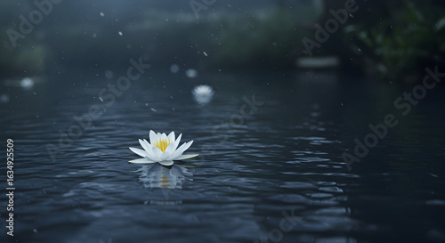 A delicate white Lily floating on a river, with dappled moonlight reflecting on the water. Ethereal and tranquil