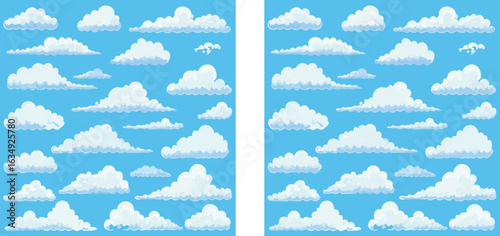 Set of Fluffy White Cartoon Clouds on a Blue Sky Background.