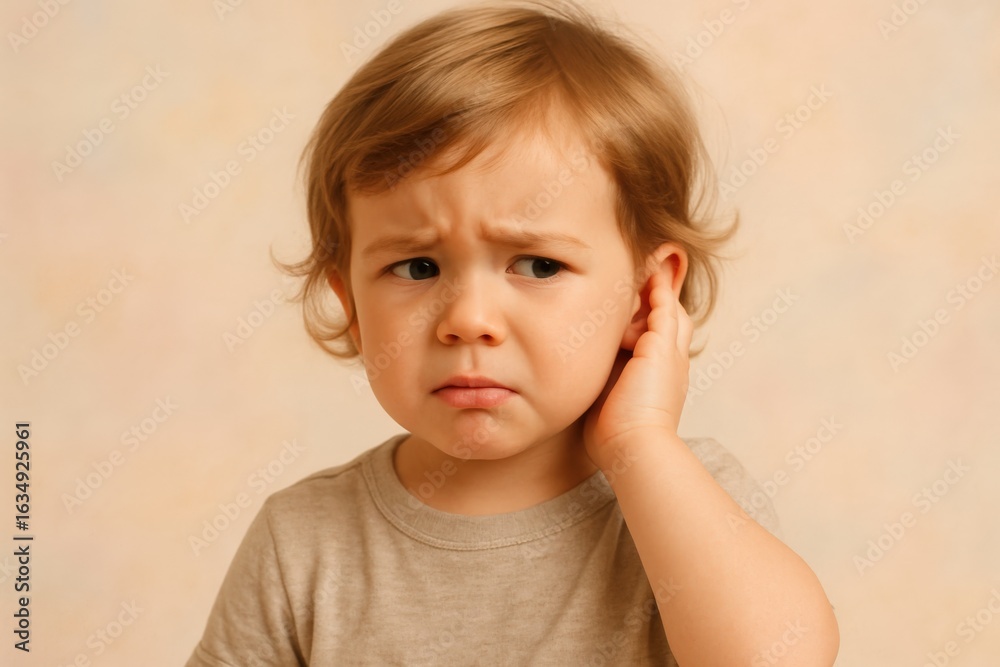 Fototapeta premium Child shows confused gesture while experiencing uncertainty in a neutral setting