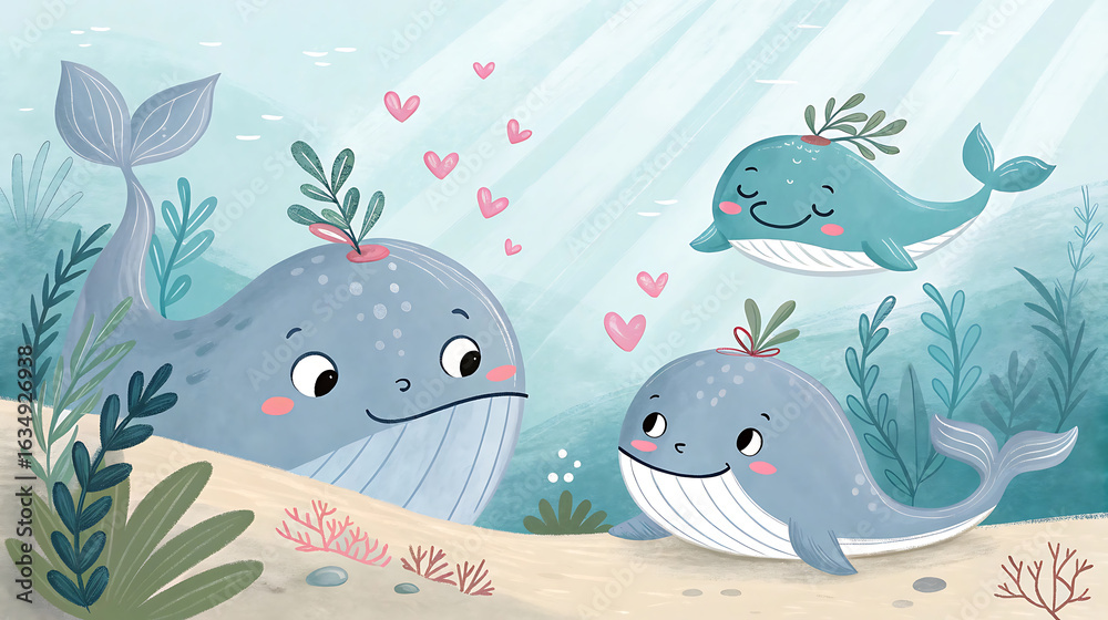 Obraz premium A family of cute whales swims underwater surrounded by hearts and plants