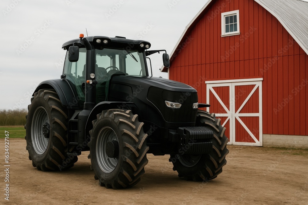 Obraz premium Modern black tractor parked near a red barn on a cloudy day in rural countryside