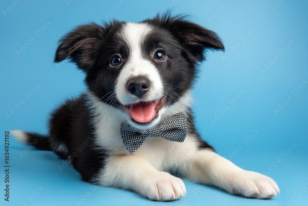 Fototapeta premium Smiling puppy dog in a polka dot bow tie posing against a vibrant blue background during a playful studio session