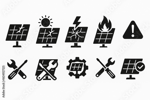 Solar Panel Damage and Repair Icons, Maintenance Tools and Alerts Vector Silhouettes