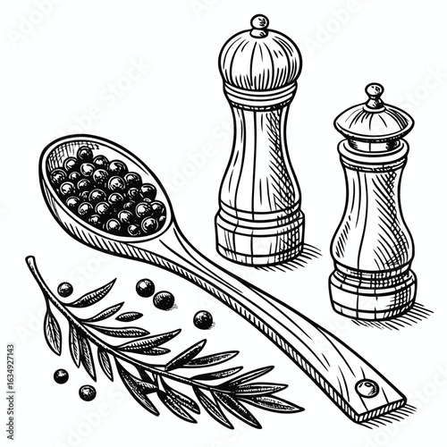 Hand drawn sketch of wooden spoon filled with black peppercorns next to pepper grinders and rosemary sprig