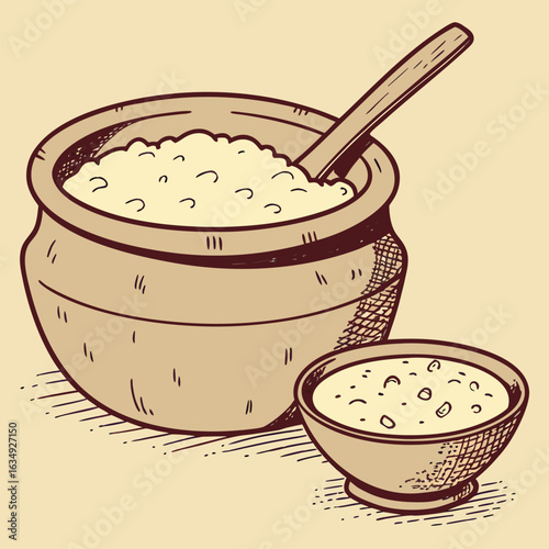 Hand drawn illustration of a rustic clay pot filled with a granular food and a small bowl with a spoon
