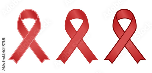 Set of three red color awareness ribbons representing blood cancer,  heart decease, HIV/AIDS, substance-abuse and other awareness campaigns and events, flat vector on transparent background