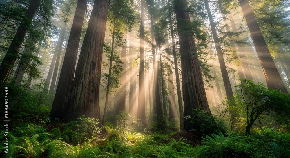 Obraz premium Sunbeams in Redwood Forest (AI Generated)