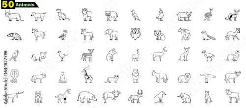 Collection of 50 simple black and white animal line drawings on white background 1