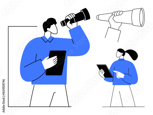 Two individuals engage in observation with telescopes and tablets, symbolizing strategy, planning, and foresight. Ideal for teamwork, innovation, technology, leadership, growth exploration simple