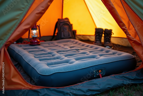 Air mattress inside camping tent with outdoor gear and lantern  