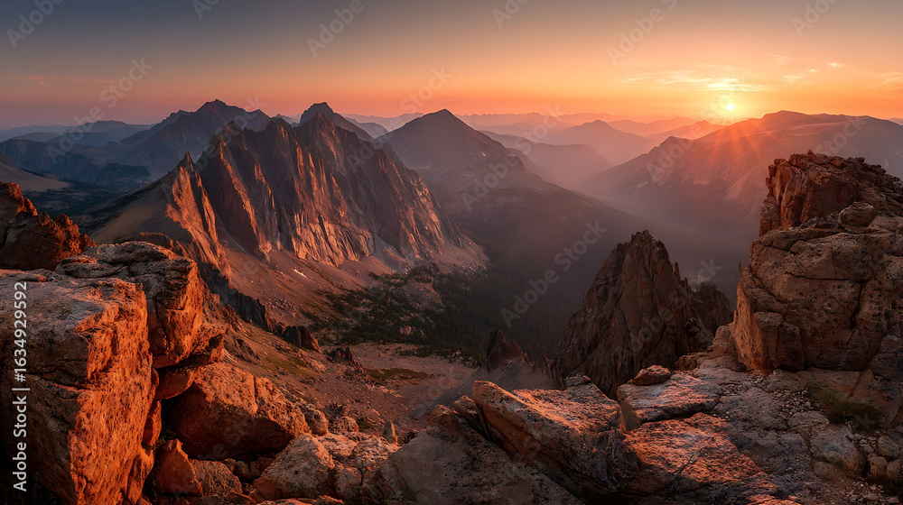 Obraz premium Majestic mountain peaks bathed in golden sunrise light with rugged foreground rocks mountain range
