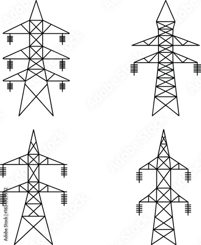 High Voltage Transmission Towers, Electrical Infrastructure, Power Lines, Energy Distribution, Utility Poles, Grid Network