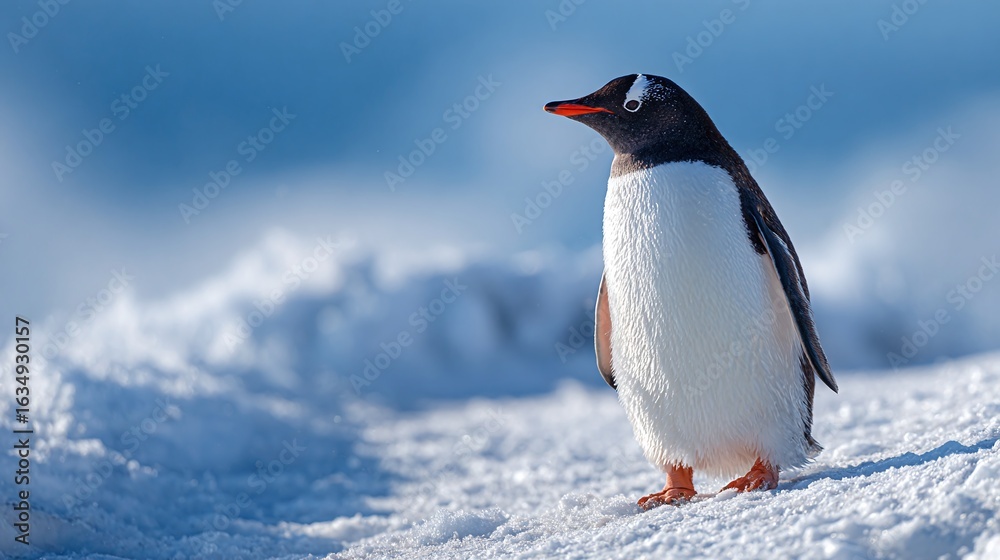 Fototapeta premium Gentoo Penguin in Antarctica. Elegant bird standing on snow with bright red beak and white markings. Wildlife photography of Antarctic fauna.