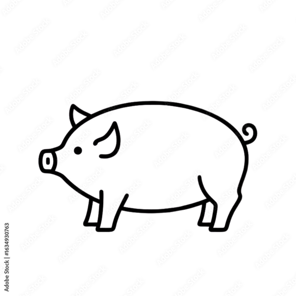 Obraz premium Cartoon pig standing in profile in simple line art style 