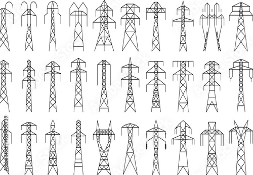 Various High Voltage Transmission Tower Designs, Electrical Infrastructure, Power Lines, Utility Poles, Grid Network