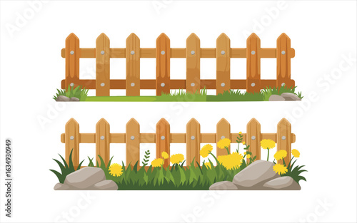 Brown wooden fence isolated on a white background that separates the objects. There are Clipping Paths for the designs and decoration