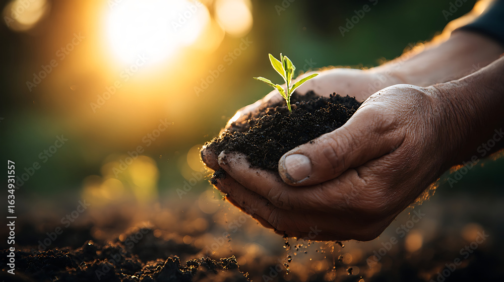 Fototapeta premium Hands cradling soil with a young plant bathed in golden sunlight seedling growth