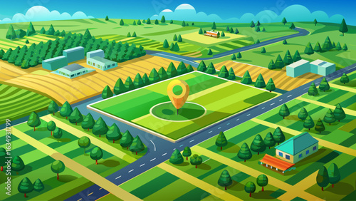 Aerial view of green field, position point and boundary line to show location and area. A tract of land for owned, sale, development, rent, buy or 