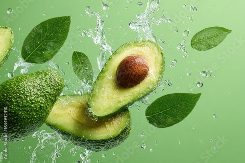 Ripe avocados halved and whole, suspended in mid-air amidst splashing water and vibrant green leaves against a solid green background