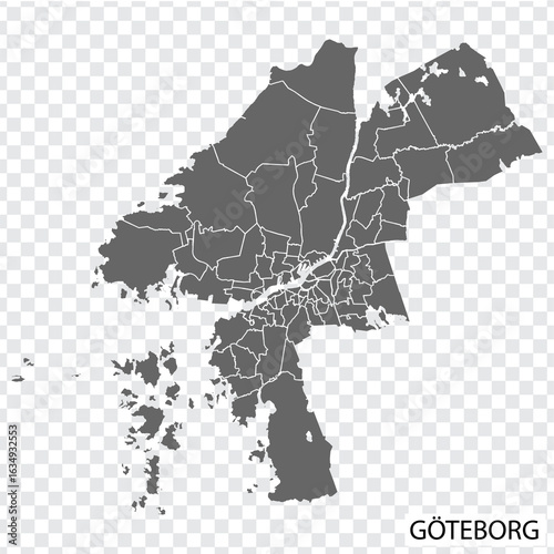 High Quality map of Gothenburg is a city  Sweden, with borders of districts. Map of Göteborg for your web site design, app, UI. EPS10.