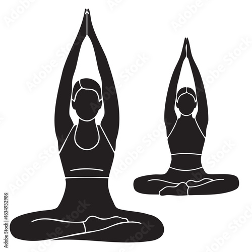 Black and White Yoga Illustration Featuring Two Meditating Silhouettes Practicing Spiritual Wellness and Holistic Fitness Practices