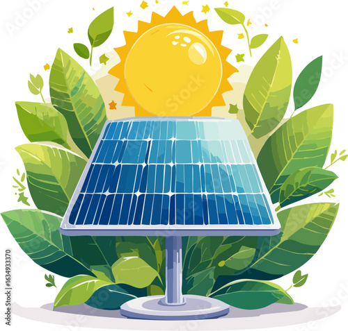 Solar Panel with Sun and Leaves.