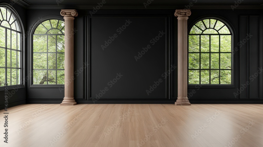 Fototapeta premium Elegant interior with arch windows and columns dark walls and light wood floor