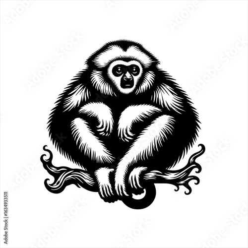 Stylized Black and White Gibbon Illustration.